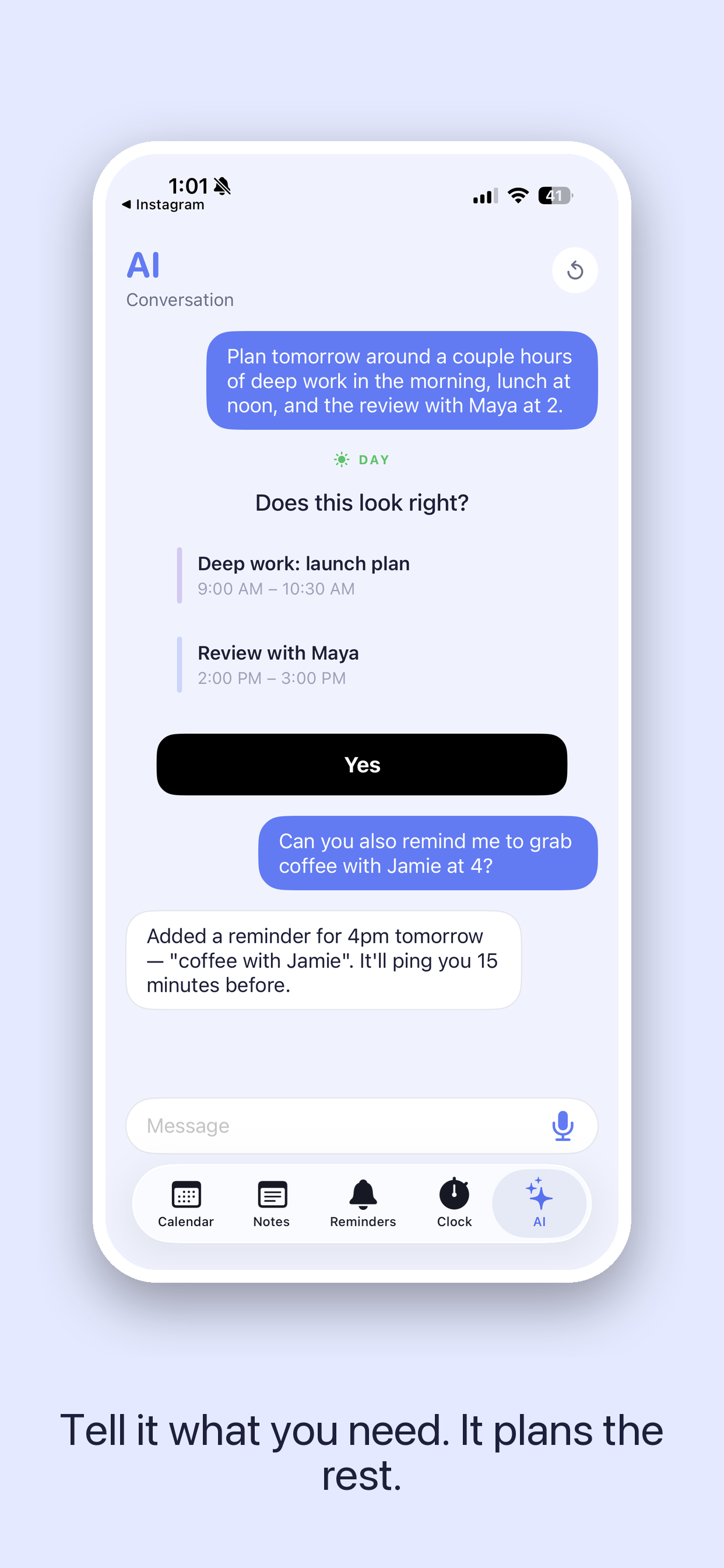 To Do — the AI tab turning a request into a real schedule