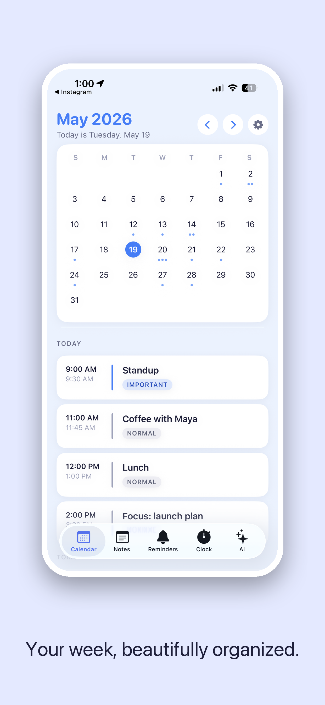 Calendar tab — May 2026 month view with today's schedule below