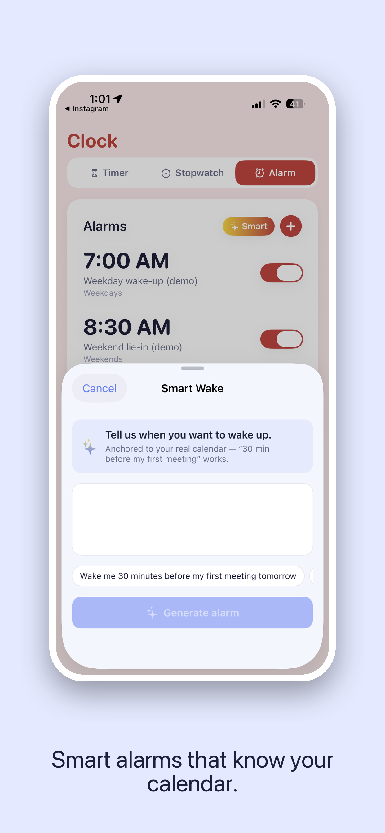 Clock tab — Smart Wake alarm anchored to the next calendar meeting