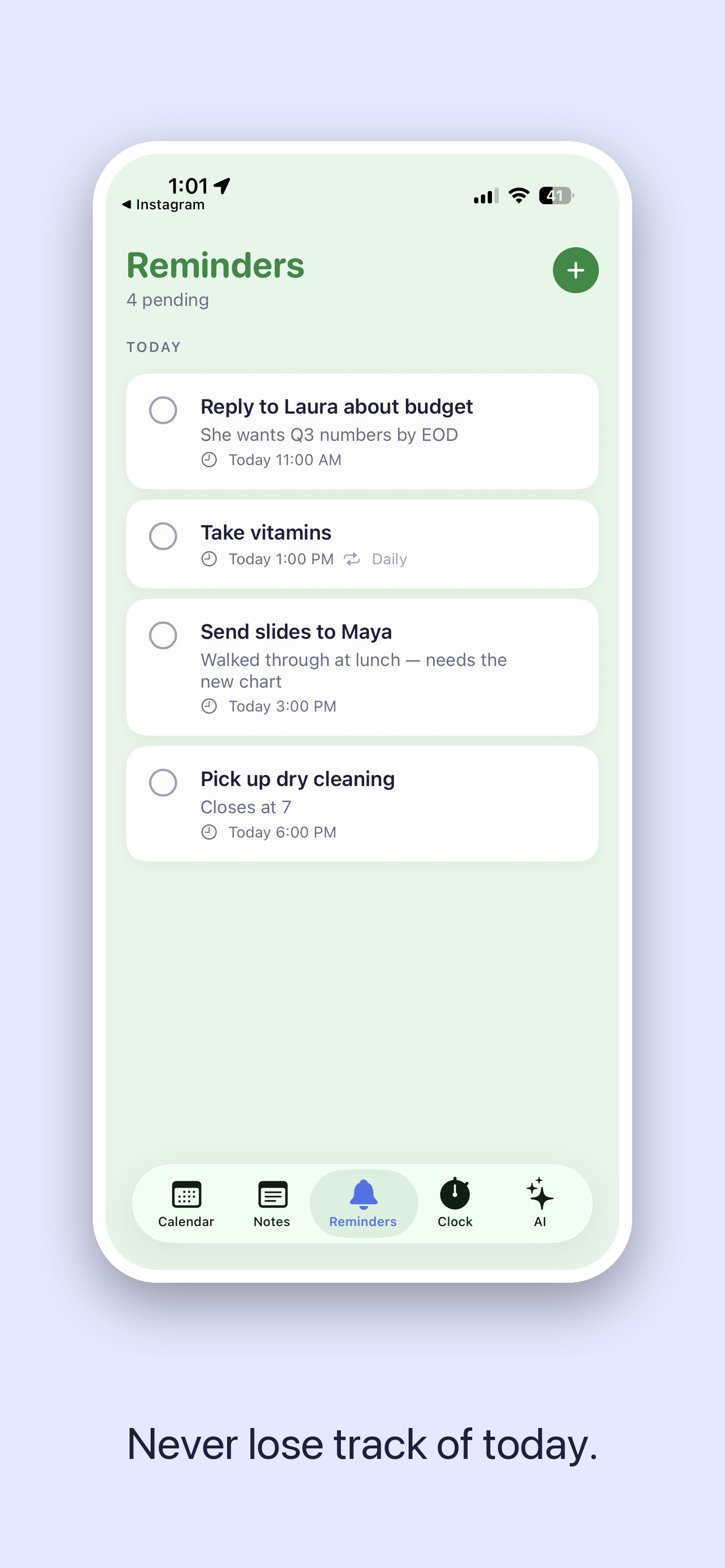 Reminders tab — today's reminders with daily recurrence